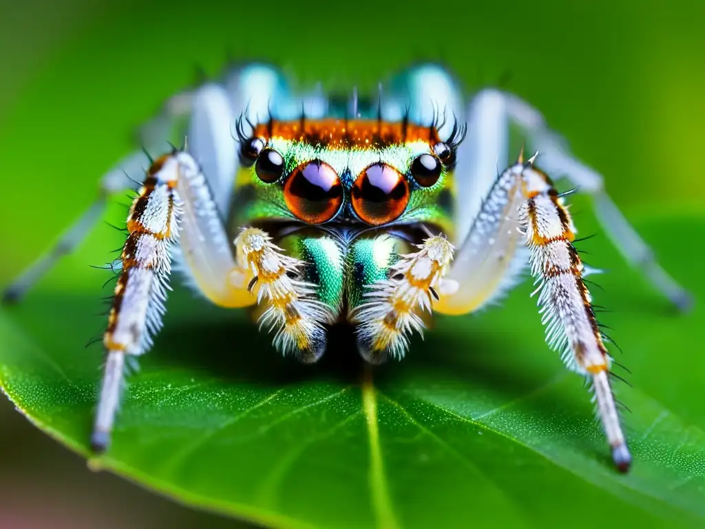 Una araña saltarina verde en una hoja, con sus ojos y mandíbulas detallados, refleja la importancia de la predación de arácnidos e insectos