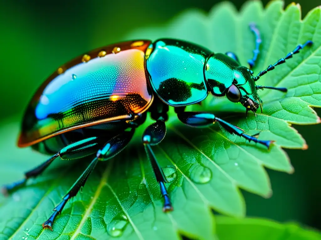 Arte entomológico de alta calidad: Macrofoto de un fascinante escarabajo iridiscente posado en una hoja con gotas de agua