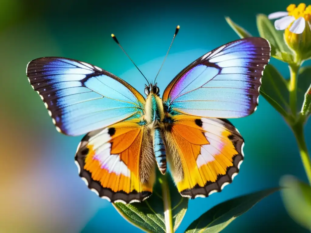 Arte inspirado en mariposas y abejas: Detalle vibrante de mariposa iridiscente posada en flor, con alas desplegadas al sol