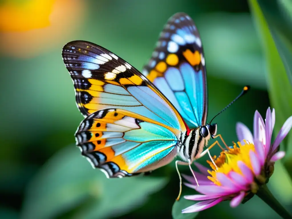 Arte inspirado en mariposas y abejas: Detalle de una mariposa iridiscente posada en una flor, con sus alas brillantes y delicadas texturas