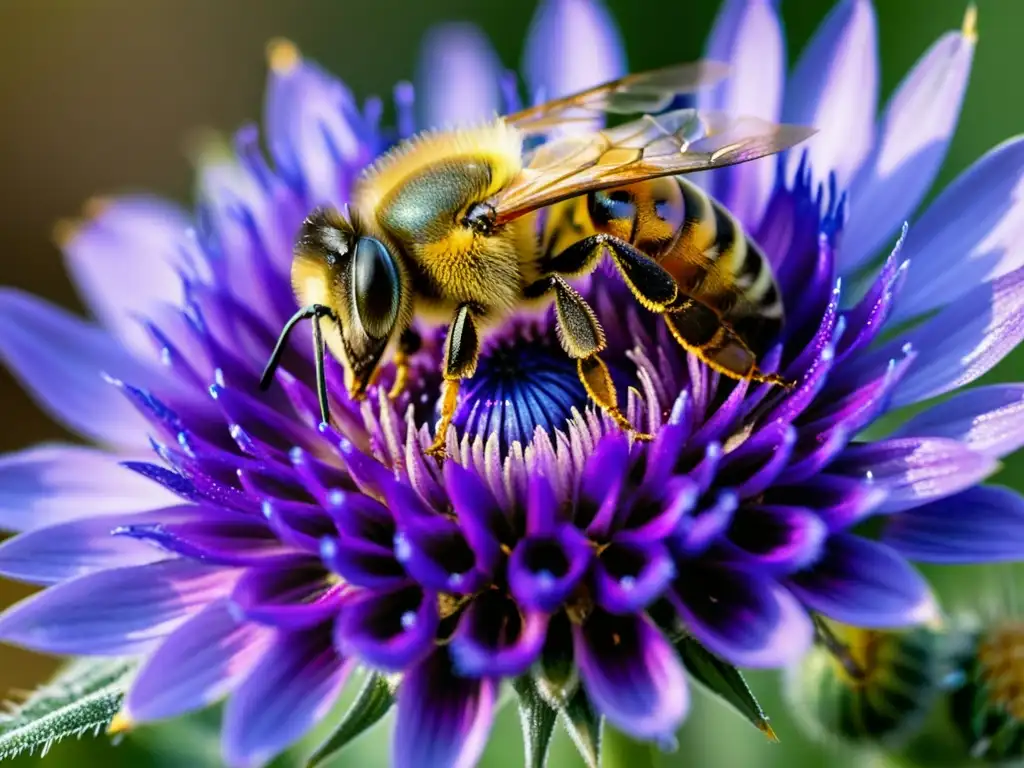 Arte inspirado en el mundo de las abejas: Detalle de abeja recolectando néctar de una flor morada, con alas y polen dorado