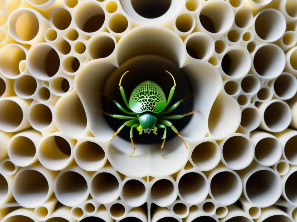 Hábitats artificiales para insectos: detallada imagen en 3D de una estructura con pasajes y cámaras, mostrando innovación y precisión