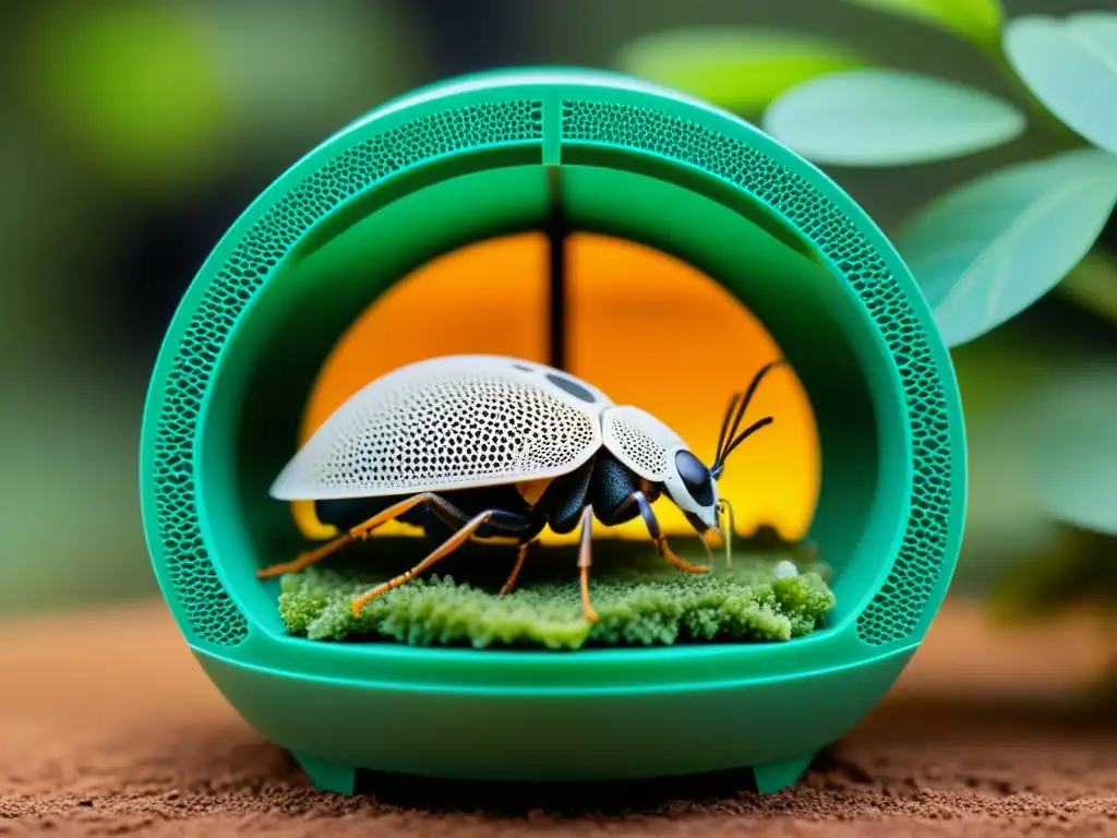 Hábitats artificiales para insectos: detalle de hábitat impreso en 3D con texturas y colores realistas