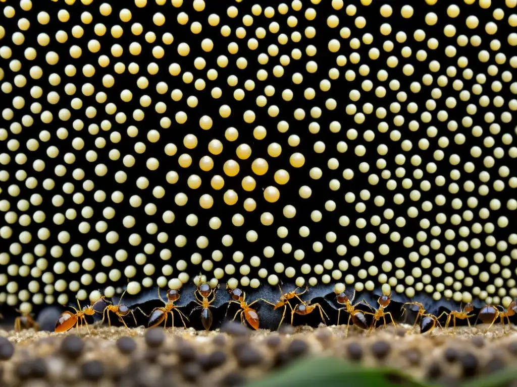 Una asombrosa fotografía detallada de una bulliciosa colonia de hormigas, trabajando juntas en una red de túneles y cámaras