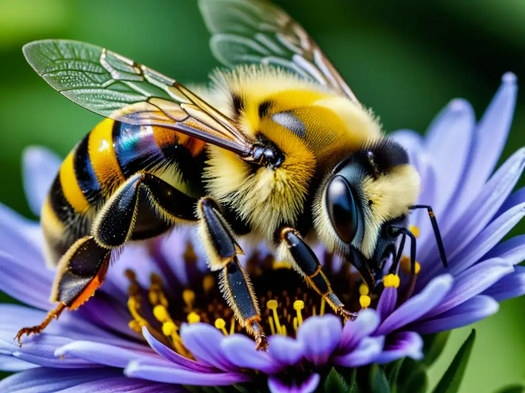 Una asombrosa imagen de una abeja en una flor, desplegando sus alas al sol para regular su temperatura corporal