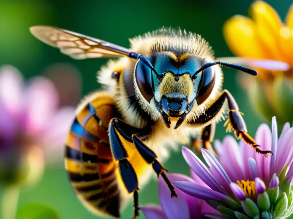 Una asombrosa imagen en 8K de una abeja en vuelo, recogiendo néctar en un jardín