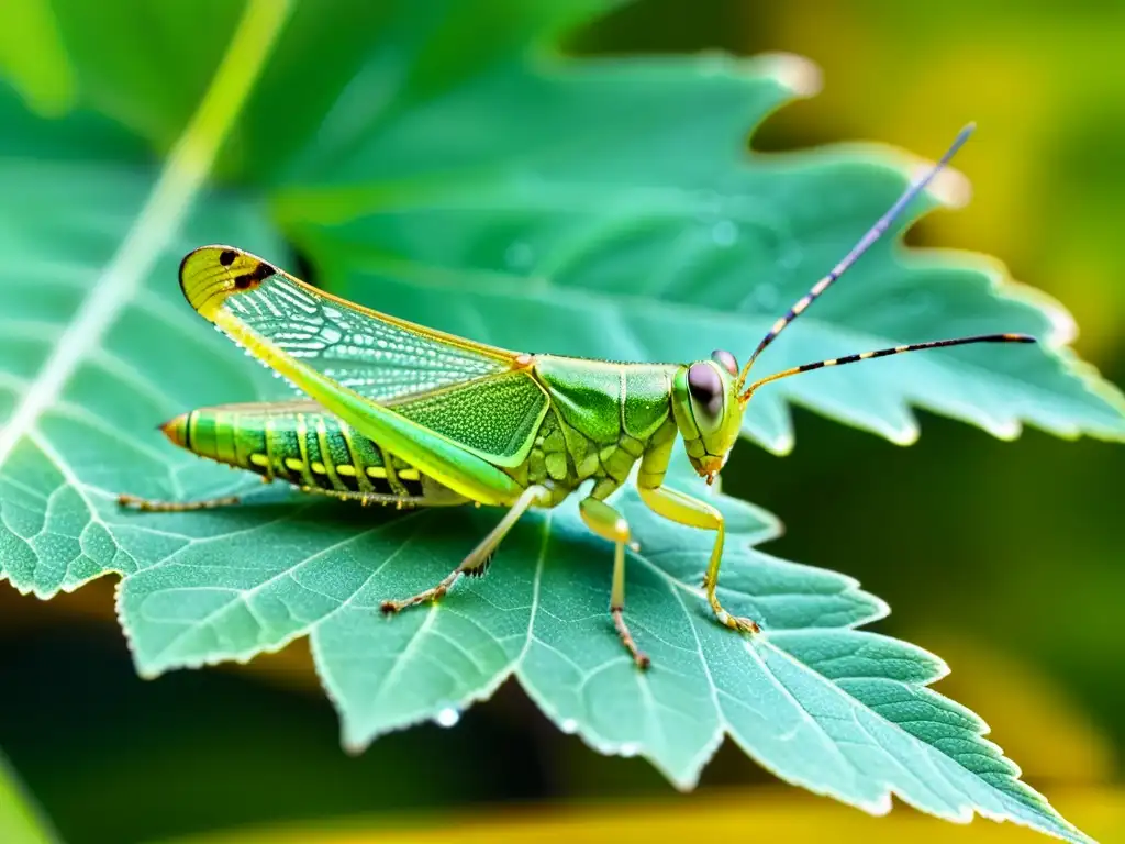 Una asombrosa imagen de un saltamontes verde sobre una hoja, con detalles asombrosos de sus alas, antenas y patas