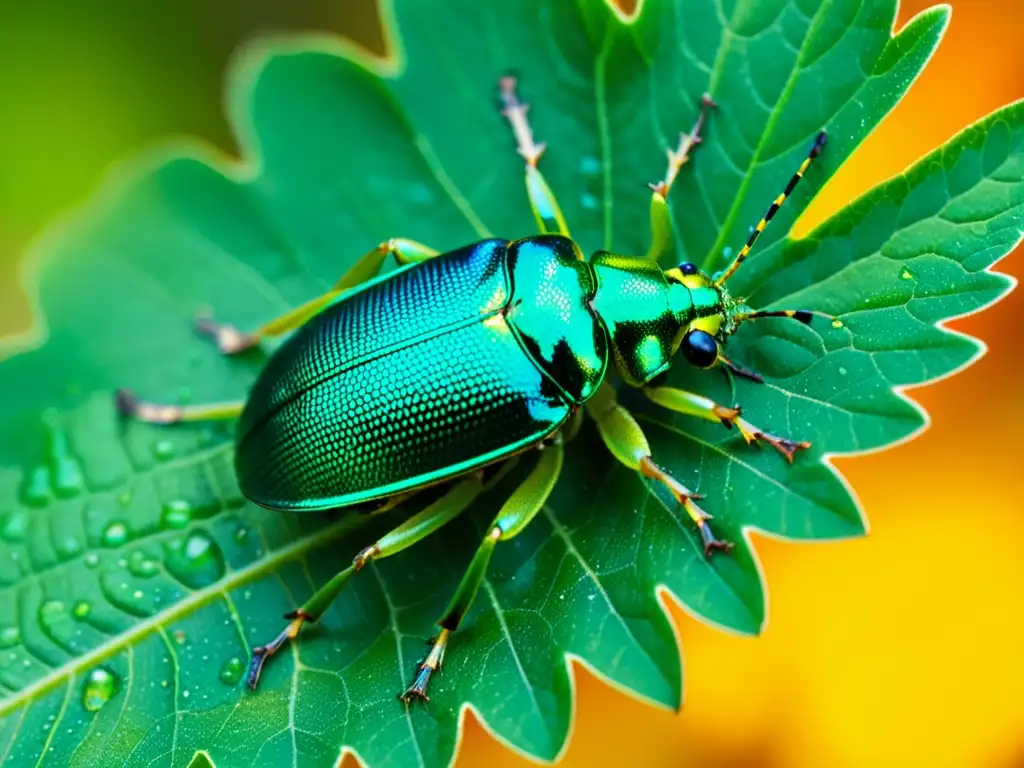 Un asombroso escarabajo metálico verde sobre una hoja vibrante, con gotas de agua