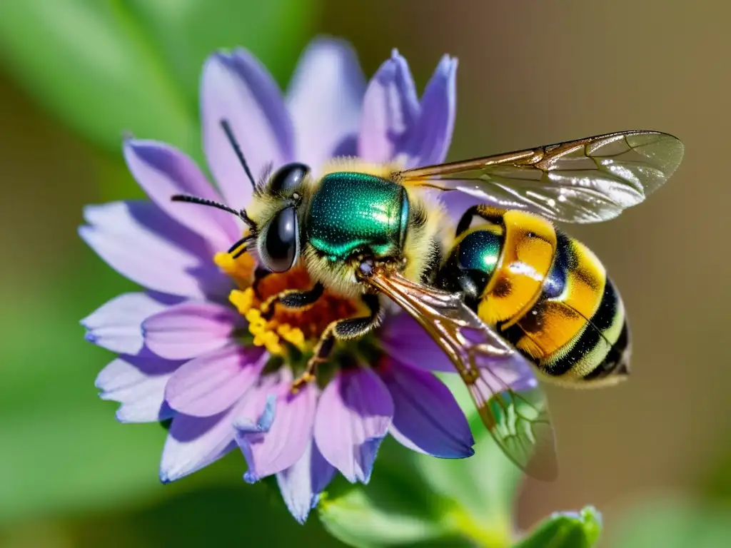 Un asombroso macro de una abeja metálica verde vibrante en una flor morada, con detalles precisos y colores brillantes