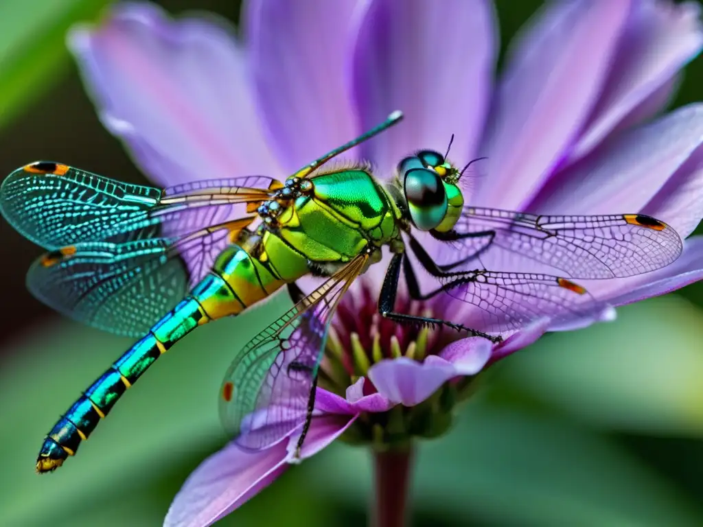 Un asombroso macro de una libélula verde metálica sobre una flor morada