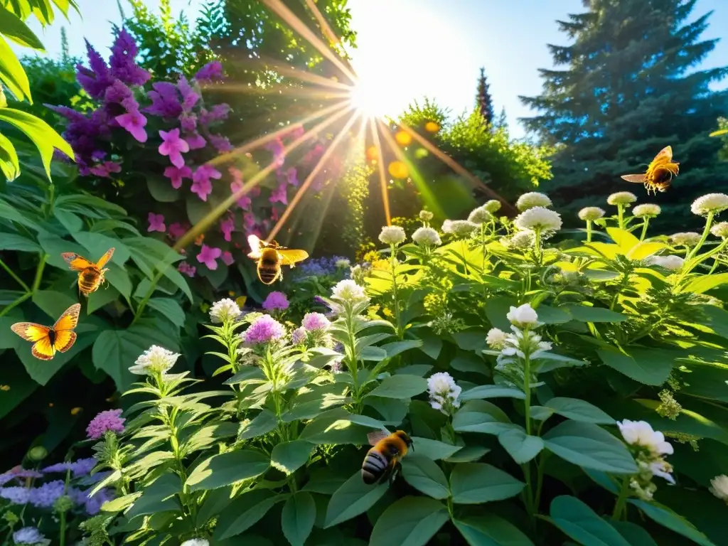 Un jardín atractivo para insectos beneficiosos, con flores vibrantes, abejas y mariposas revoloteando bajo la cálida luz del sol