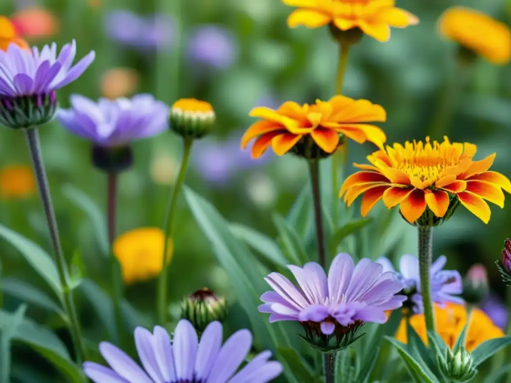 Un jardín atractivo para insectos beneficiosos, lleno de flores coloridas, con pétalos brillantes cubiertos de rocío matutino