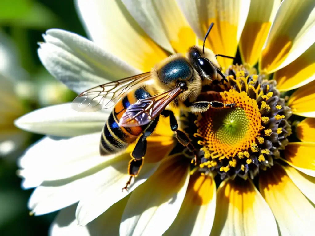 Un jardín atractivo para insectos beneficiosos cobra vida con una vibrante flor en primer plano y una delicada abeja cubierta de polen