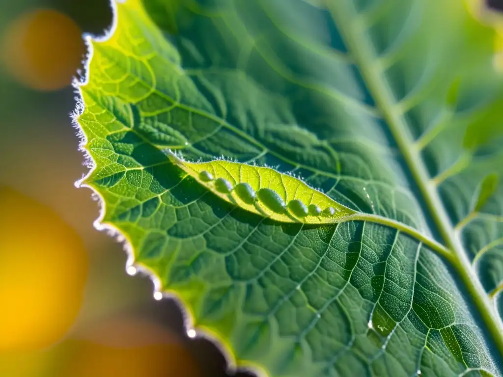 Aumento de plagas agrícolas cambio climático: Detalles microscópicos de una hoja verde con pulgones translúcidos bajo el sol