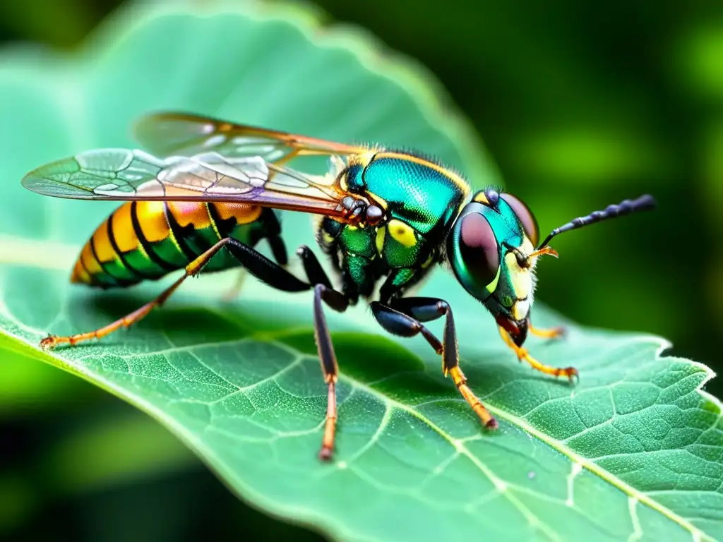 Una avispa parasitoide descansa en una hoja verde, mostrando su belleza iridiscente