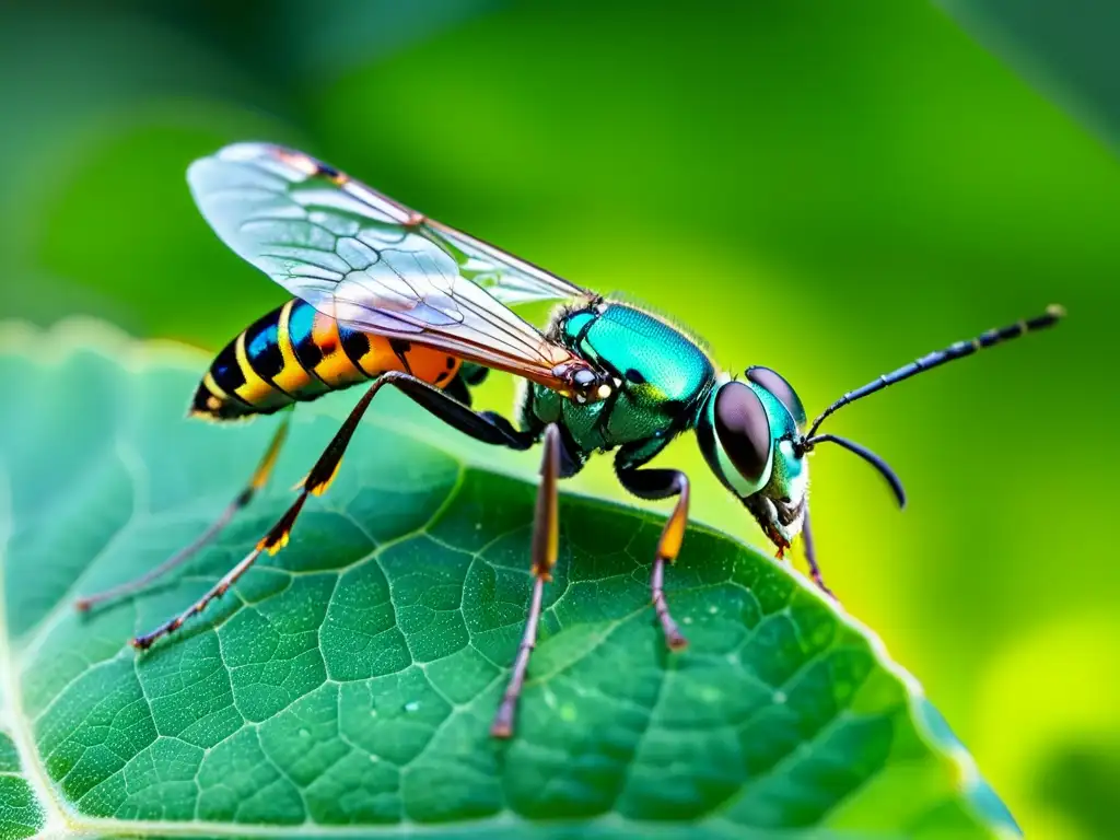 Una avispa parasitoide reposa delicadamente en una hoja verde, mostrando su belleza natural