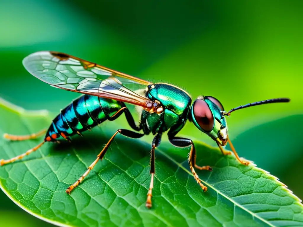 Parasitoide wasp en acción: control natural de plagas Una avispa parasitoide deposita sus huevos en un insecto plaga, mostrando la importancia de los insectos en la regulación de plagas