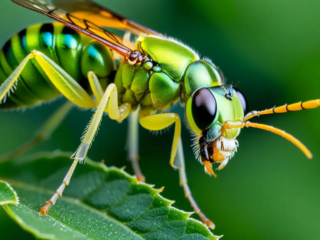 Avispa parasitoide evalúa presa: delicadas alas iridiscentes con ovipositor extendido, sobre afidos vulnerables en planta verde