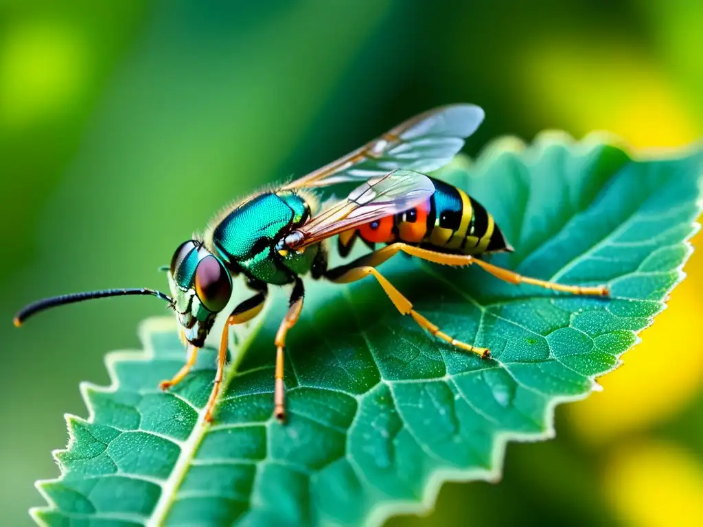 Una avispas parasitoides cultivos descansa sobre una hoja, con alas iridiscentes y delicadas antenas, capturando la luz del sol