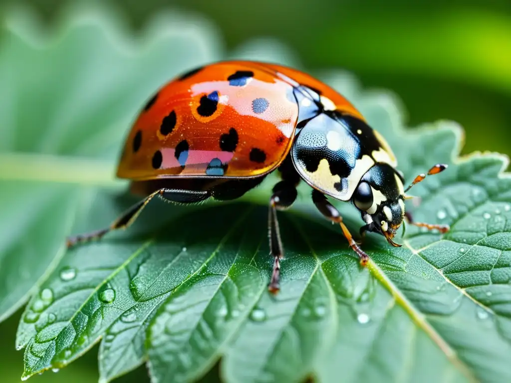 Una bella mariquita posada en una hoja verde vibrante, con sus delicadas alas rojas y negras mostrando intrincados patrones y texturas