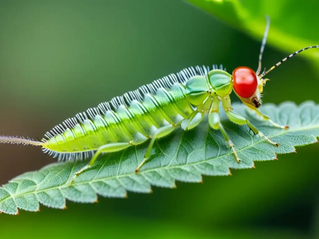 Una crisopa beneficios salud plantas: larva verde y brillante en tallo de tomate, con alas translúcidas, capturando luz del sol