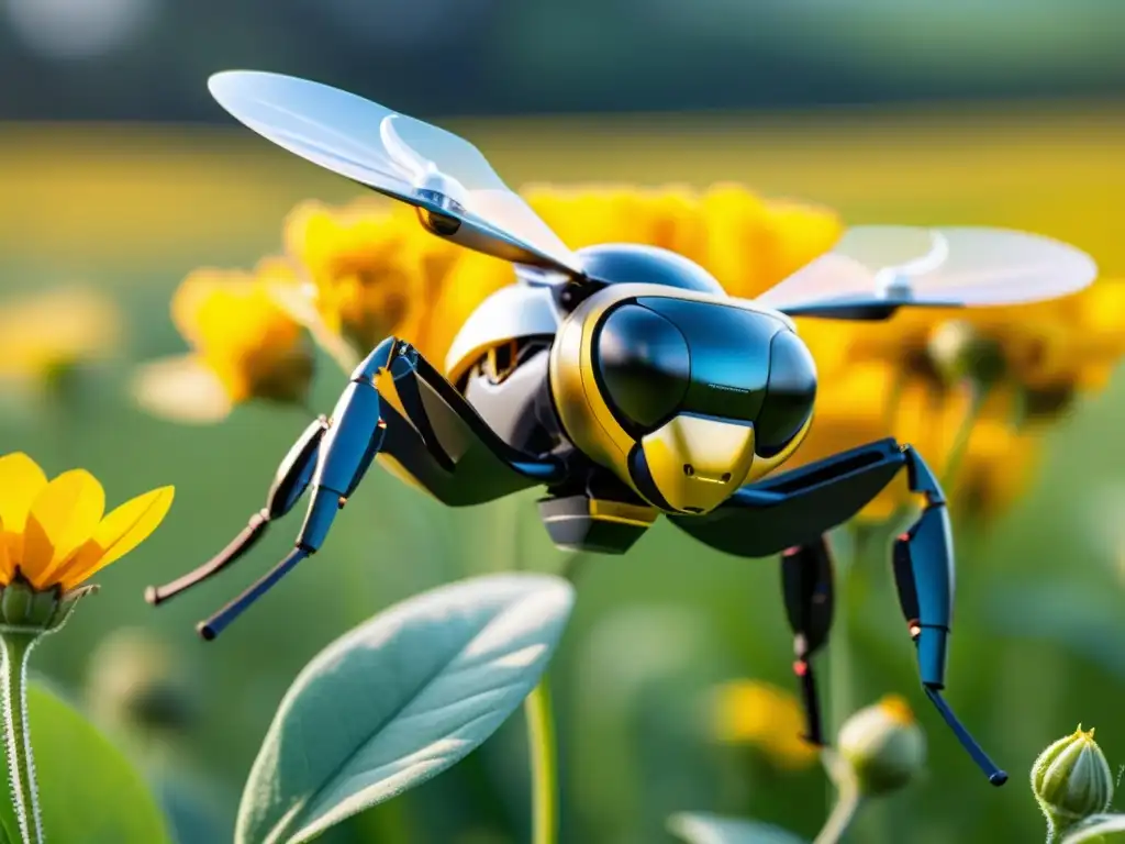 Un biónico drone abeja con alas intrincadas, cuerpo metálico, sobre un campo de flores