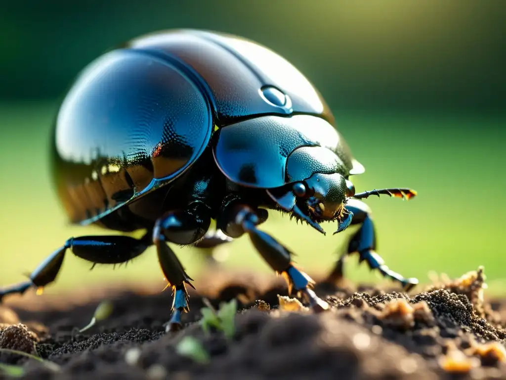 Dung beetle rodando una bola de estiércol en un campo