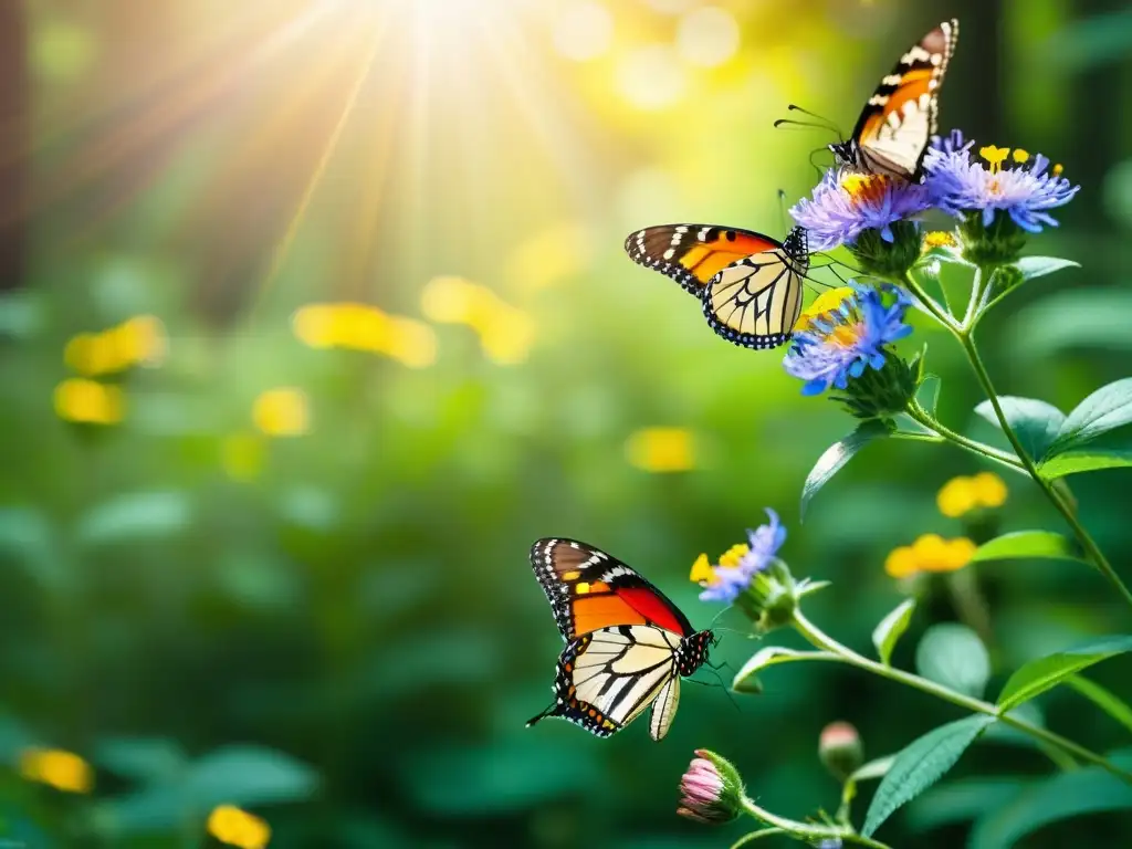 Un bosque exuberante lleno de mariposas y flores silvestres, resaltando la importancia de las mariposas en el ecosistema y la biodiversidad