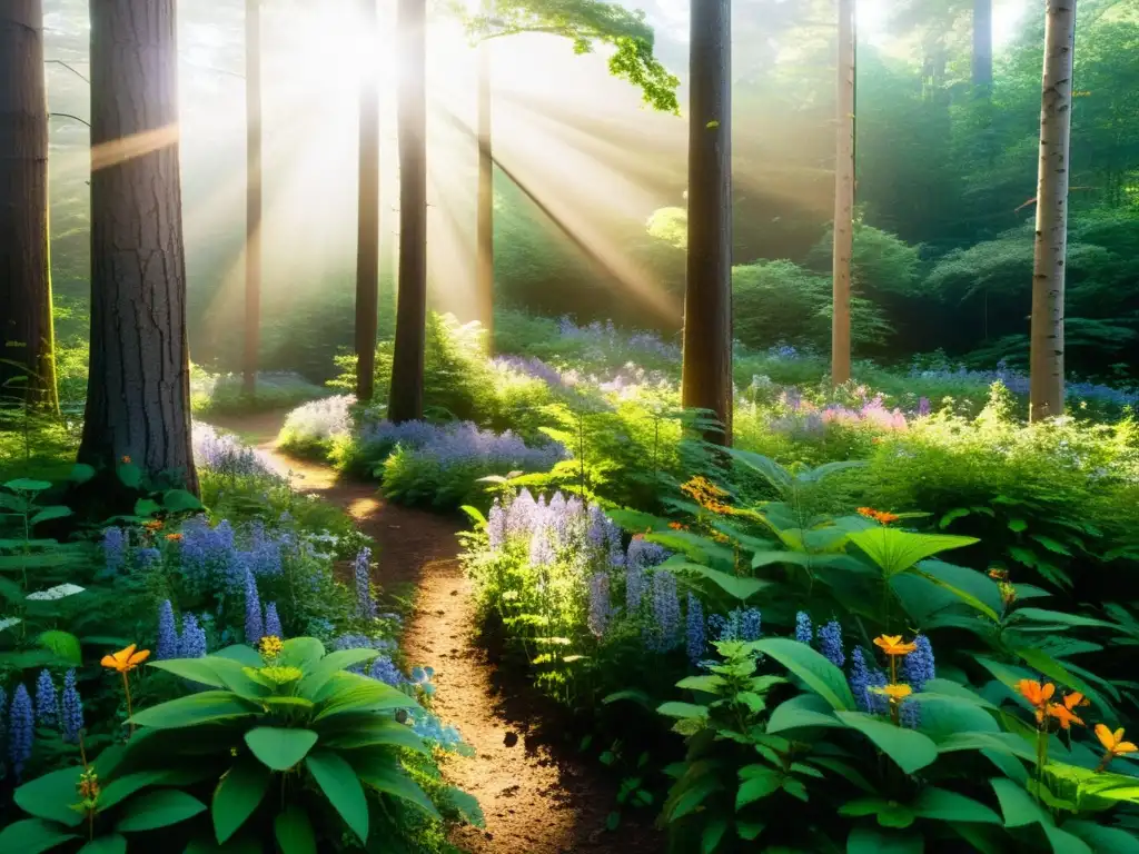 Un bosque exuberante y vibrante, con árboles majestuosos, flores silvestres coloridas e insectos revoloteando