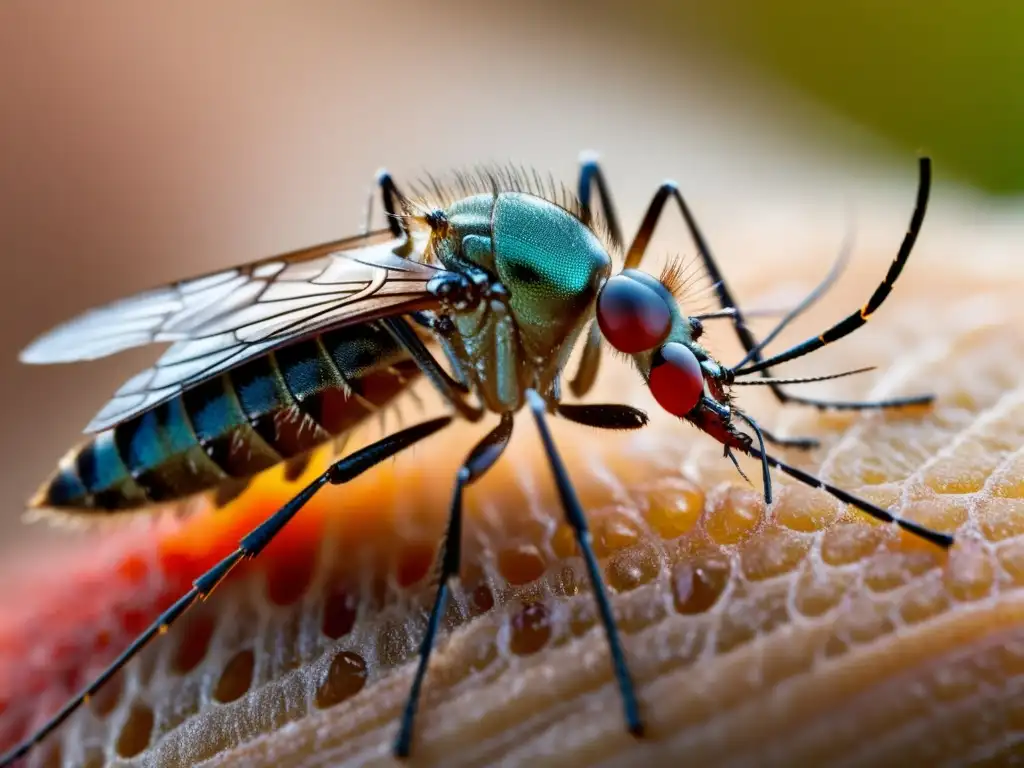 Un mosquito chupa sangre de un brazo humano en primer plano, mostrando detalles vívidos