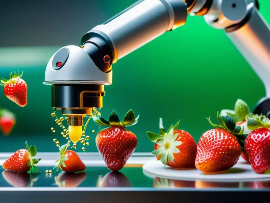 Un brazo robótico de alta precisión captura una mosca de la fruta en fresas maduras, mostrando la avanzada tecnología de los Robots guardianes de cultivos