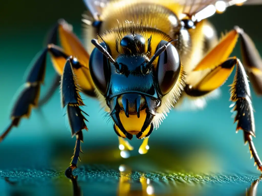 El brillante aguijón de una abeja, con gotas de veneno, revela la belleza y beneficios del veneno de abeja en una imagen ultradetallada