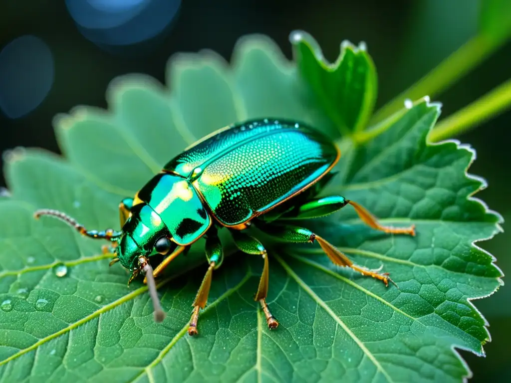 Brillante escarabajo verde sobre hoja con gotas de rocío