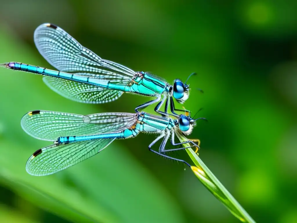 Brillante migración nupcial en insectos: dos delicadas libélulas verdes y azules en un ritual de apareamiento en medio del sol filtrado entre hojas y flores silvestres