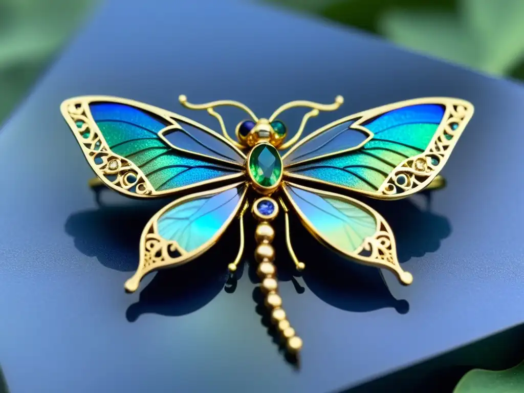 Un broche de joyería inspirada en insectos, detallado y delicado, con tonos iridiscentes que capturan la belleza etérea de la naturaleza