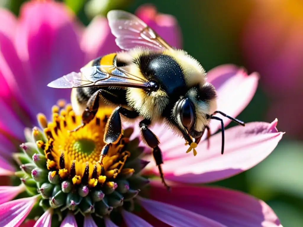 Un bumblebee cubierto de polen se posa frente a una flor rosa vibrante