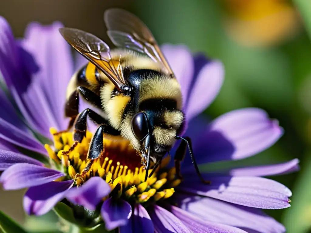 Un bumblebee se posa en una flor morada, cubierto de polen