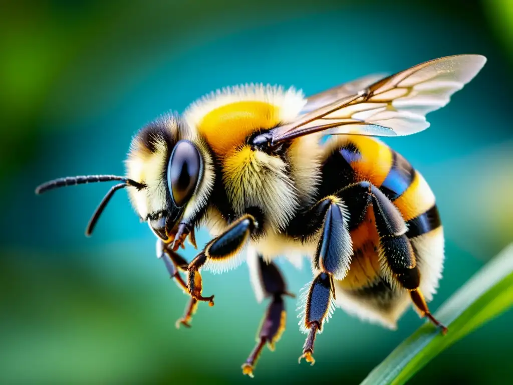 Un bumblebee en pleno vuelo, con alas transparentes con venas delicadas, cuerpo rayado y movimiento misterioso