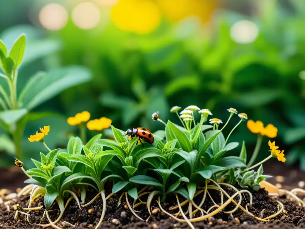 Una cama de jardín saludable muestra la sinergia entre plantas e insectos en una escena armoniosa llena de vida y color