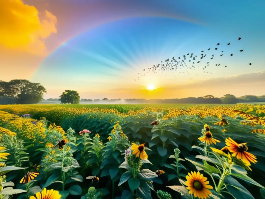 Un campo de cultivo lleno de vida, con abejas, mariposas y aves polinizadoras, bañado por la cálida luz del sol