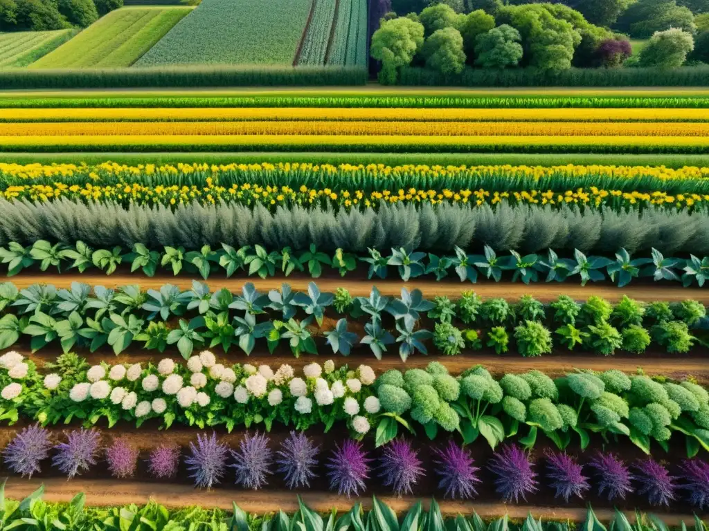 Un campo de cultivo vibrante y diverso, con una red interconectada de plantas que previene infestaciones