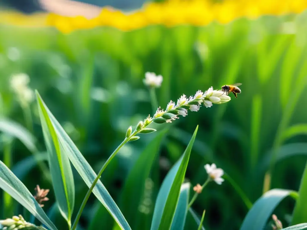 Campo de cultivos vibrantes con insectos polinizando, resaltando la sostenibilidad alimentaria