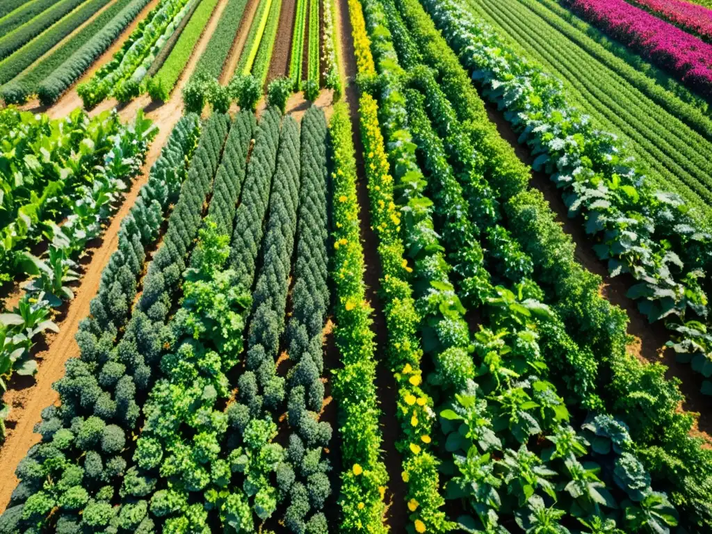 Un campo agrícola exuberante muestra la diversidad de cultivos en filas ordenadas, previniendo infestaciones y promoviendo la rotación de cultivos