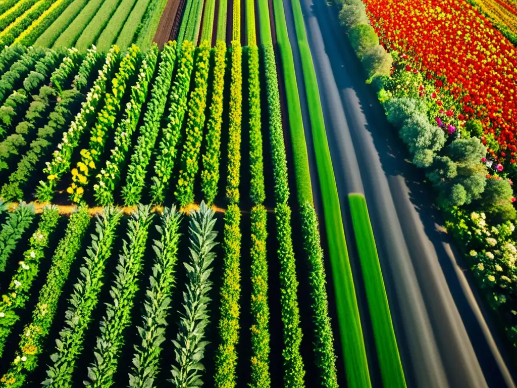 Un campo agrícola diverso, vibrante y saludable con cultivos diversos, abejas y mariposas, iluminado por el sol