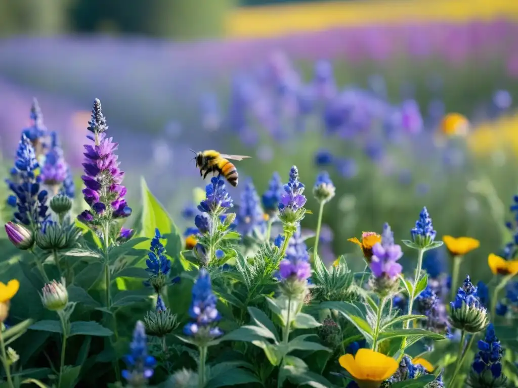 Un campo expansivo y soleado de flores silvestres en tonos violeta, añil y magenta, con abejas revoloteando de flor en flor