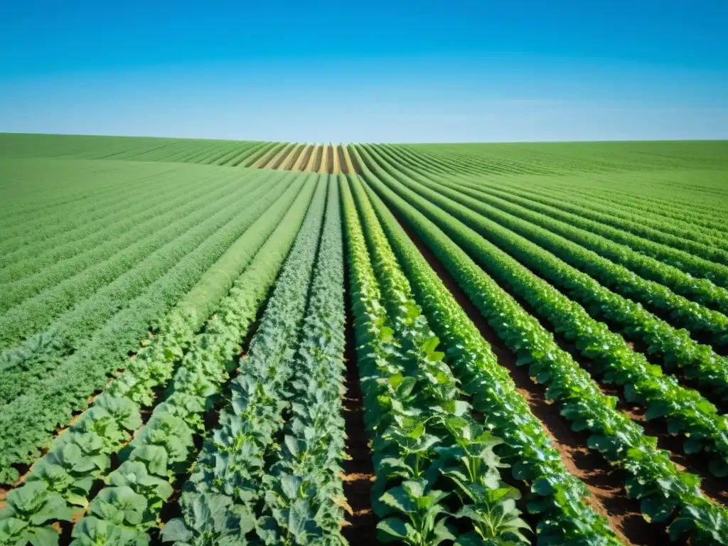 Campo agrícola extenso con cultivos verdes bajo cielo azul