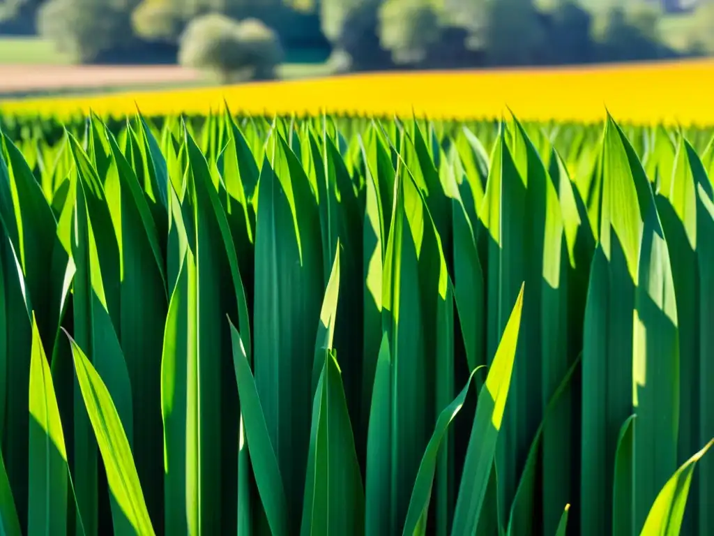 Un campo de maíz exuberante y vibrante, con impacto en cultivos transgénicos y biodiversidad