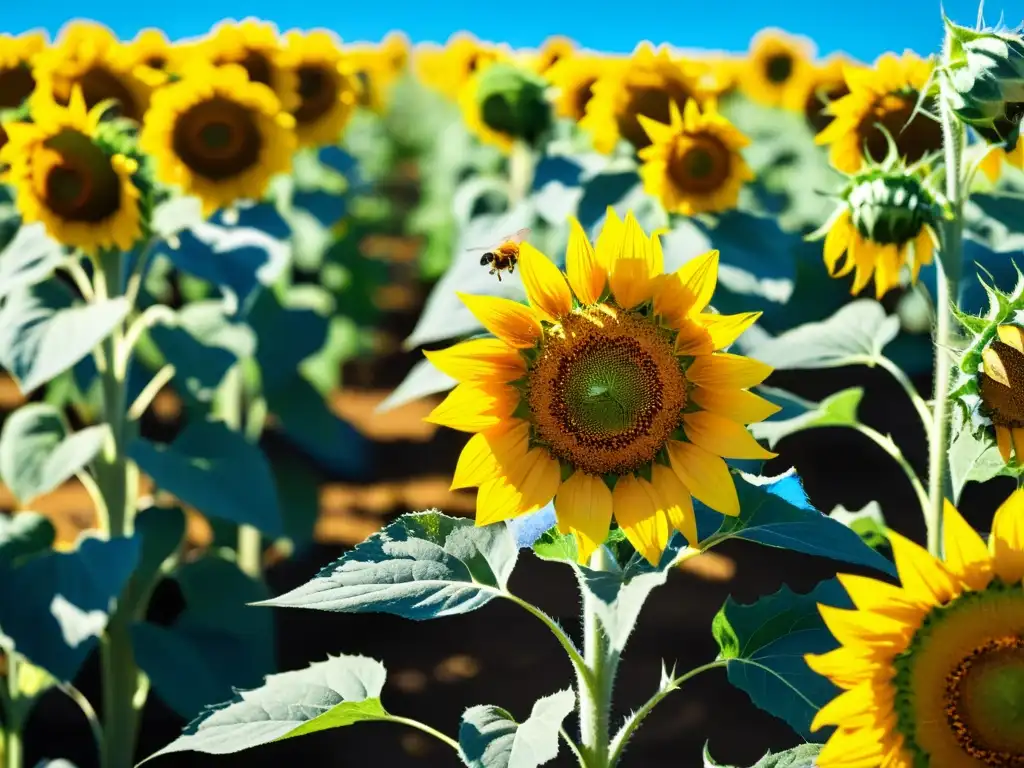 Un campo de girasoles vibrante, con abejas y mariposas polinizando