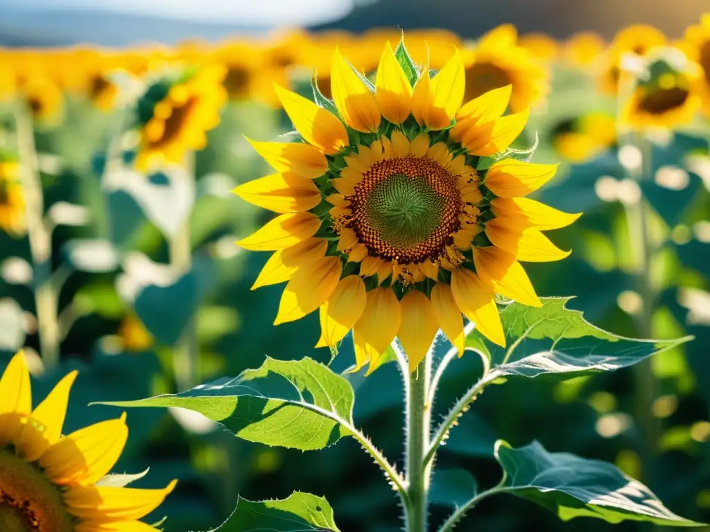 Un campo de girasoles vibrante y detallado, con abejas en pleno vuelo