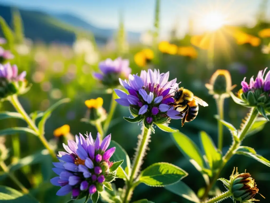 Campo de flores silvestres con insectos y biodiversidad, reflejando armonía ecológica